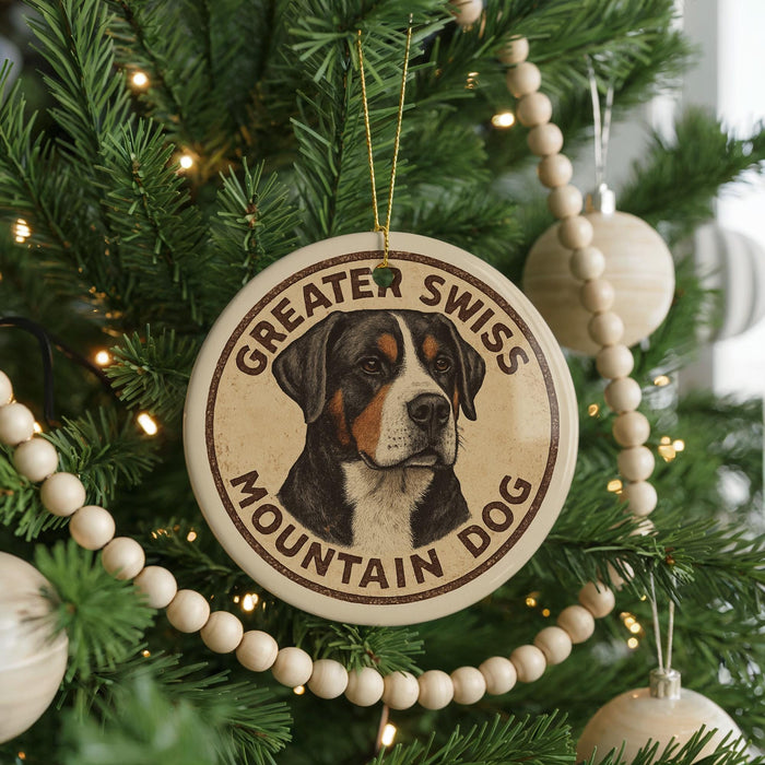 A Christmas tree decorated with ornaments, including a circular ornament with a picture of a mountain dog and the text "GREATER SWISS MOUNTAIN DOG".