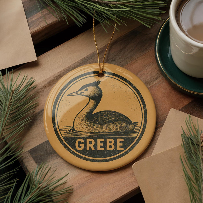 A circular ornament featuring a loon, a type of bird, is displayed on a wooden surface alongside a cup of coffee and some pine branches.