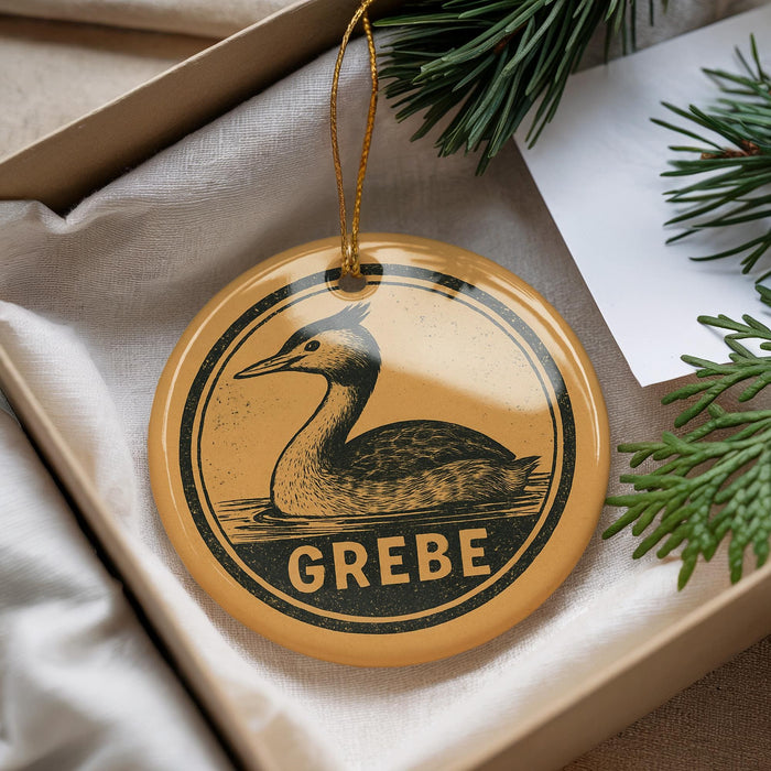 A circular ornament with a duck image and the word "GREBE" printed on it, hanging from a string.
