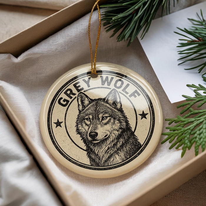 A decorative ornament featuring a close-up image of a grey wolf, with the text "GREY WOLF" around the image.