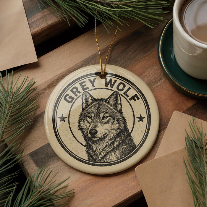 A grey wolf ornament with the text "GREY WOLF" is displayed on a wooden surface, surrounded by pine branches and a cup of coffee.