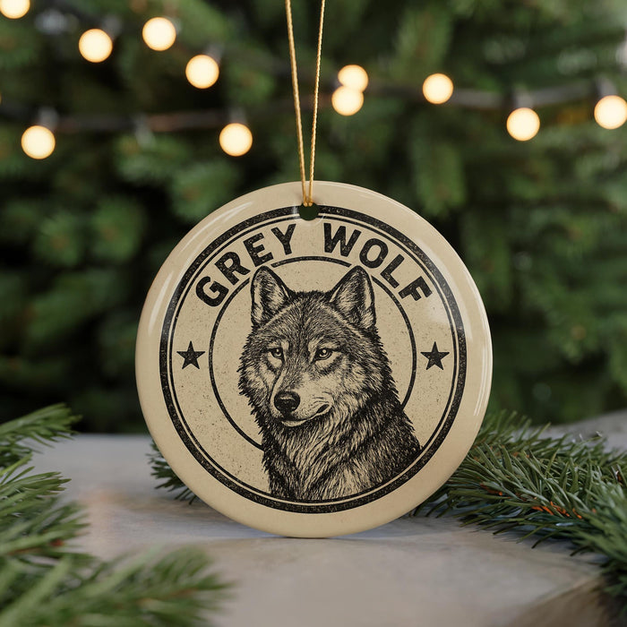 A circular ornament featuring a close-up of a wolf's face, with the text "GREY WOLF" around the edge.