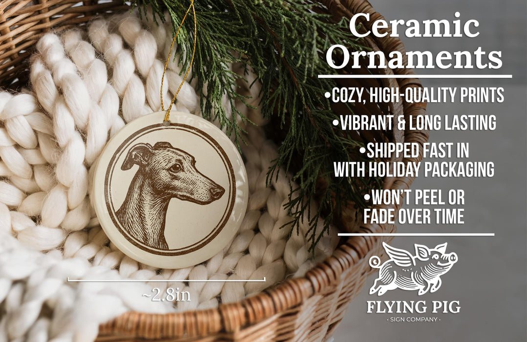 Ceramic ornaments, featuring a ceramic dog or bird ornament hanging from a wicker basket.