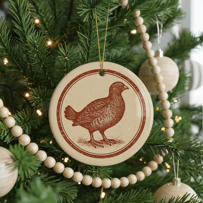 A Christmas tree decorated with ornaments, including a circular ornament featuring a bird design.