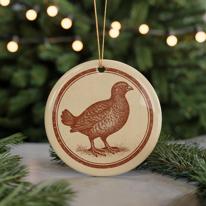 A round ornament featuring a brown bird, possibly a quail, is hanging from a string in front of a Christmas tree with twinkling lights.