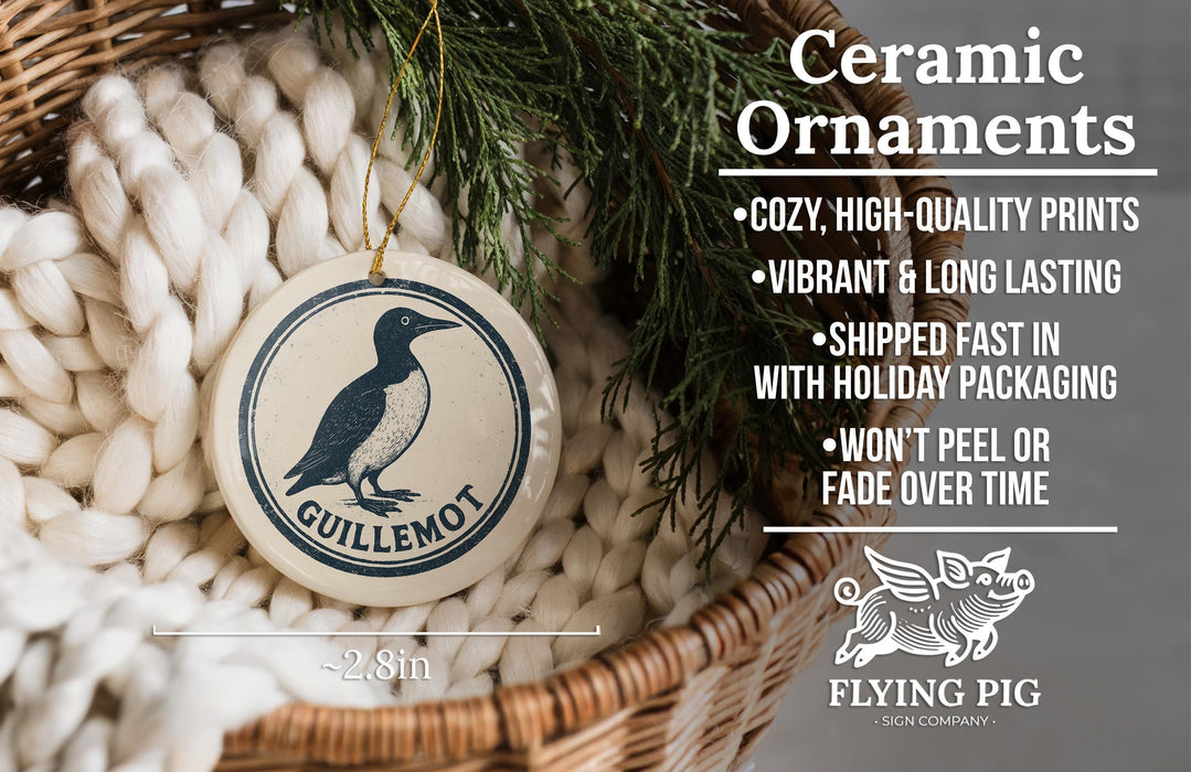 Ceramic ornaments, featuring a bird design, are displayed in a woven basket.