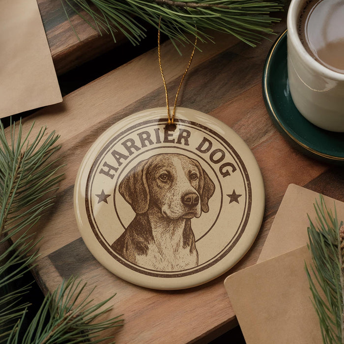 A circular ornament featuring a dog's head and the text "Harrier Dog" is displayed on a wooden surface, surrounded by pine branches and a cup of coffee.