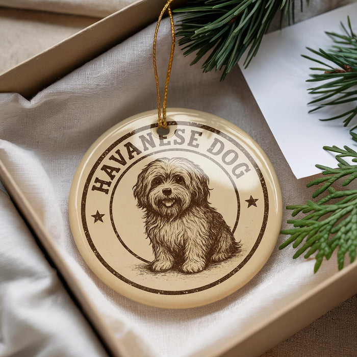 A round ornament with a dog image and the text "HAVANESE DOG" printed on it, placed in a box with pine branches.