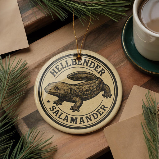 A circular ornament featuring a salamander, with the text "HELLBENDER SALAMANDER" printed on it, is displayed on a wooden surface alongside a cup of coffee and some pine branches.