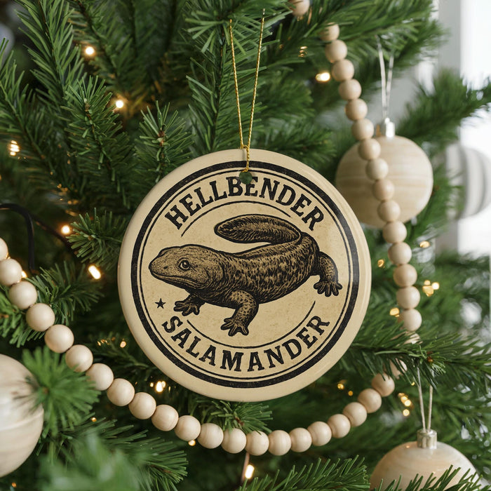 A Christmas tree decorated with ornaments, including a circular ornament with a salamander design and the text "HELLBENDER SALAMANDER".