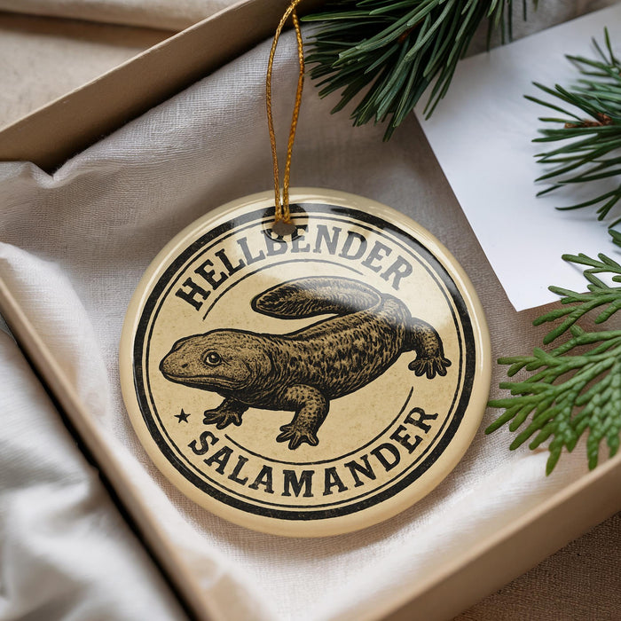 A circular ornament with a salamander design, hanging from a string.