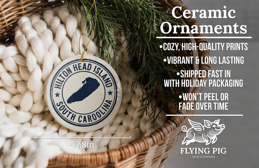 Ceramic ornaments, featuring a ceramic ornament with a design of a foot and the text "Hilton Head Island South Carolina" on it, hanging from a wicker basket.