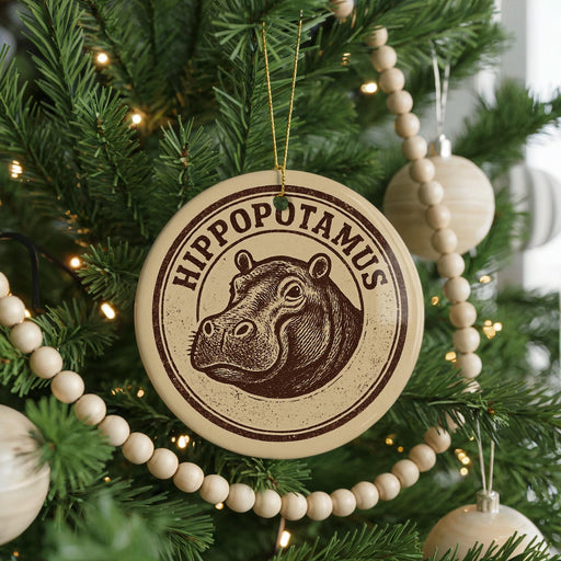A circular ornament with a hippopotamus image is hanging on a Christmas tree, surrounded by beaded ornaments and twinkling lights.
