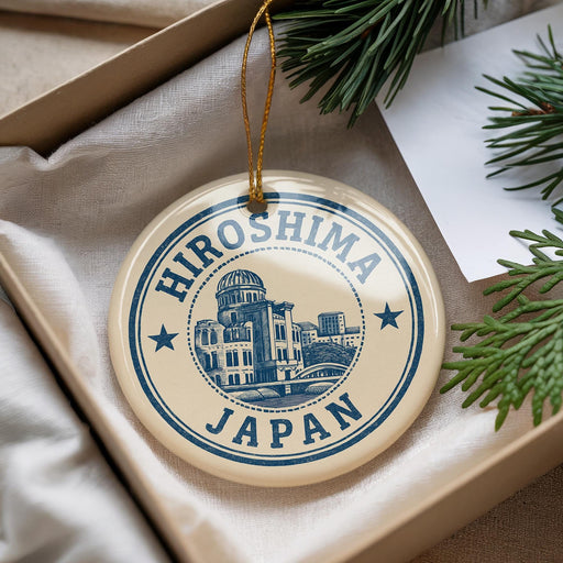 A decorative ornament with the text "HIRO SHIMA JAPAN" printed on it, hanging from a string.