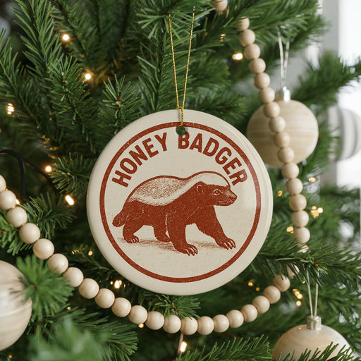 A Christmas tree decorated with ornaments, including a circular ornament with a picture of a badger and the text "HONEY BADGER" on it.