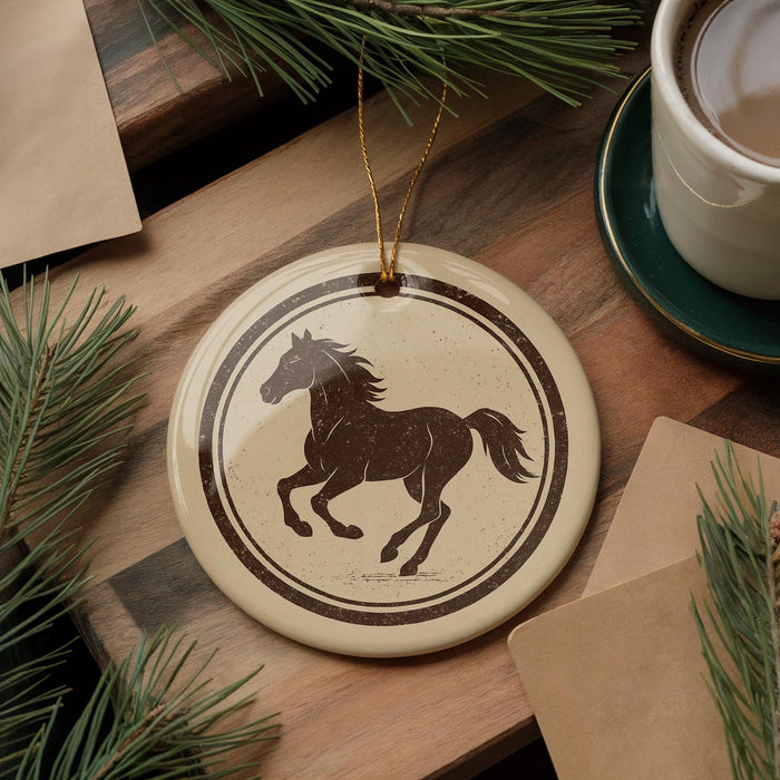 a round ornament with a horse design, placed on a wooden surface next to a cup of coffee and some pine branches.