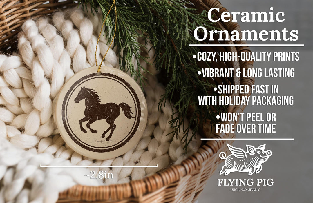 a ceramic ornament hanging from a wicker basket, with a text overlay providing information about the ornament.