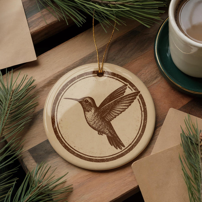 a round ornament with a bird design, placed on a wooden surface next to a cup of coffee and some pine branches.
