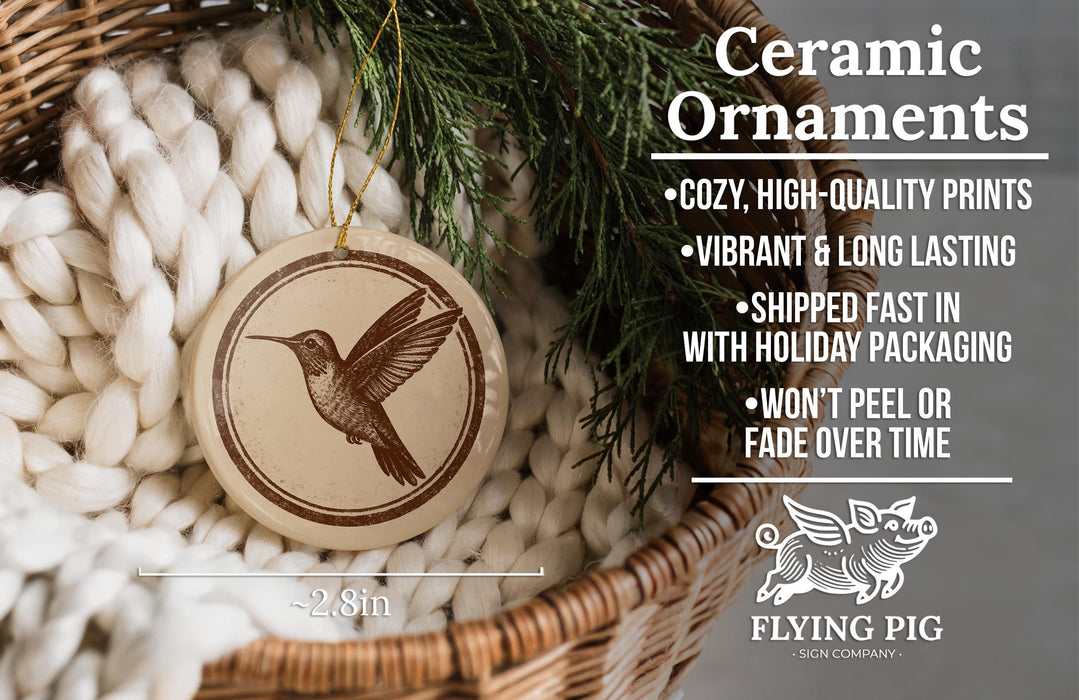 Ceramic ornaments, featuring a bird design, are displayed in a woven basket.