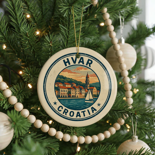 A circular ornament on a Christmas tree, featuring a picture of a city and a sailboat, with the text "HVAR CROATIA" around the edge.