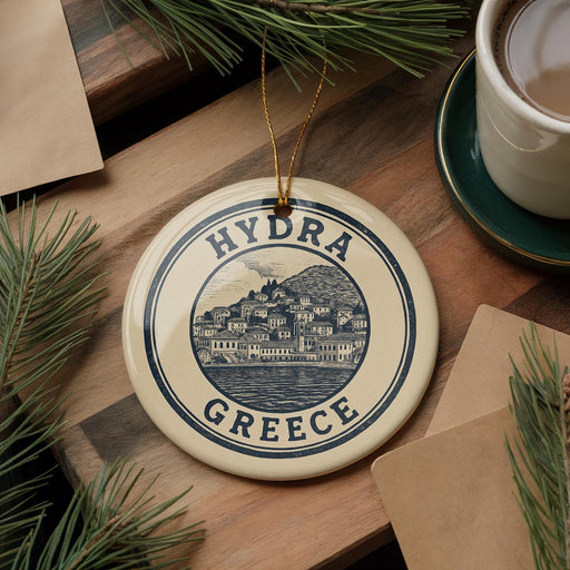 A round ornament with the text "HYDRA GREECE" and an illustration of a town, placed on a wooden surface next to a cup of coffee and some pine branches.