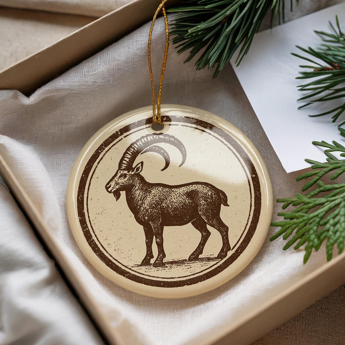 A circular ornament featuring a goat illustration is displayed in a box, surrounded by pine branches.