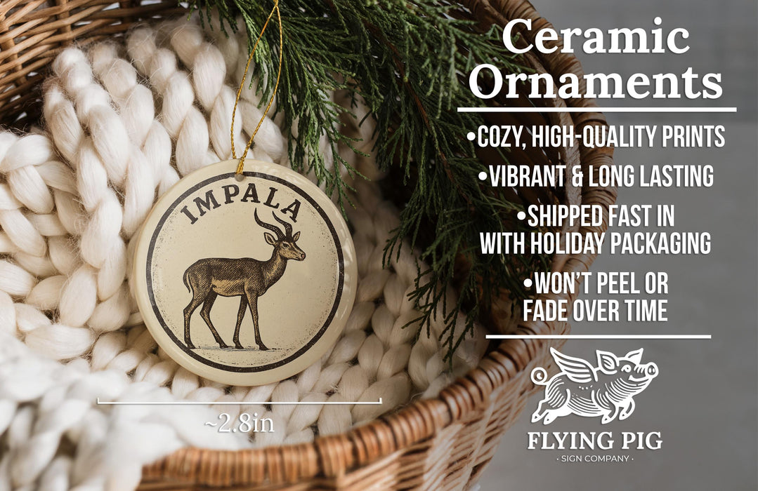 Ceramic ornaments, featuring a ceramic ornament with an image of an impala, are displayed in a woven basket.