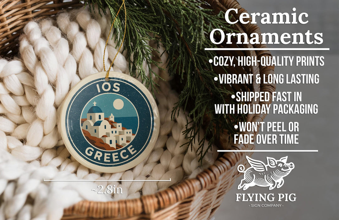 Ceramic ornaments, specifically a Greece-themed ornament, are displayed in a woven basket.