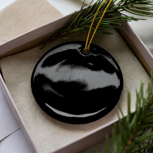 A black circular ornament is displayed in a white box, with a sprig of greenery visible on the right side.
