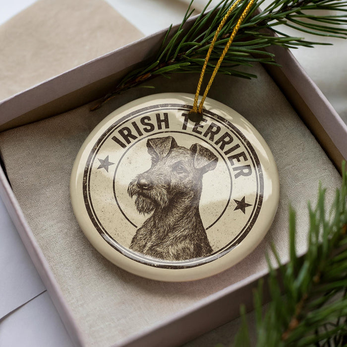 A circular ornament featuring an image of an Irish Terrier dog, with the text "IRISH TERRIER" prominently displayed.