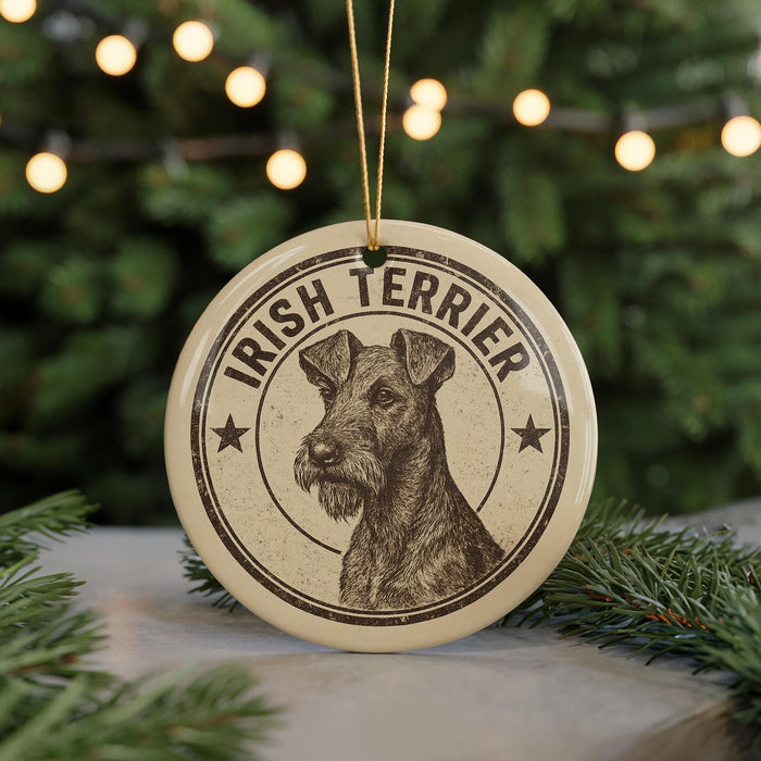 A circular ornament featuring an illustration of an Irish Terrier dog, with the text "IRISH TERRIER" prominently displayed.