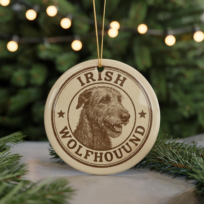 A circular ornament featuring an illustration of an Irish Wolfhound dog, with the text "Irish Wolfhound" around the edge.