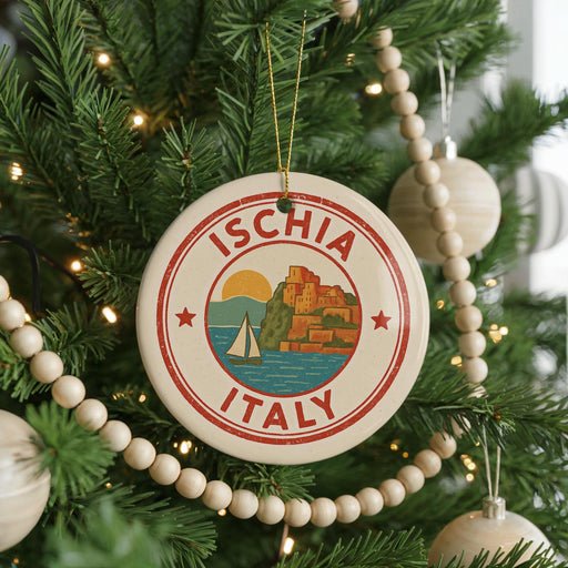 A Christmas tree decorated with ornaments, including a circular ornament with the text "ISCHIA ITALY" and a sailboat image.