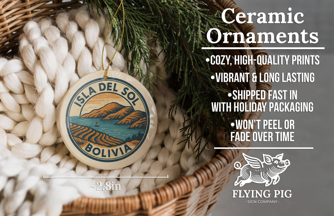 a ceramic ornament with a tropical island design, hanging from a wicker basket. The ornament is described as a "Ceramic Ornaments" and is made of "Cozy, High-quality Prints" and "Vibrant & Long Lasting". It is also noted that the ornament is "Shipped Fast in with Holiday Packaging" and " Won't Peel or Fade Over Time". The image is a part of a larger collection of images, and the caption is a "2.8in" scale.
