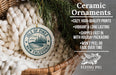 Ceramic ornaments, a wicker basket, pine branches, and a text overlay promoting the products.