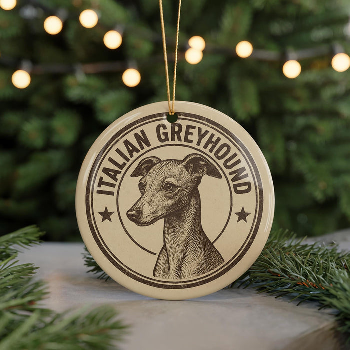 A circular ornament featuring an illustration of an Italian Greyhound dog, with the text "ITALIAN GREYHOUND" around the edge.