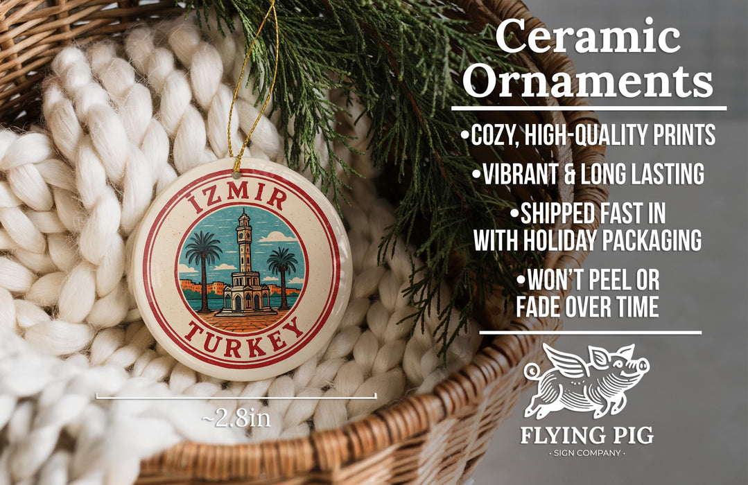 Ceramic ornaments, specifically a Turkey ornament, are displayed in a woven basket.
