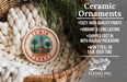 Ceramic ornaments, specifically a Turkey ornament, are displayed in a woven basket.