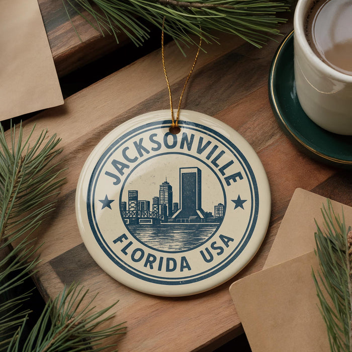 A circular ornament with the text "JACKSONVILLE FLORIDA USA" and a graphic of a city skyline is displayed on a wooden surface, surrounded by pine branches and a cup of coffee.