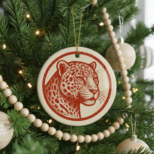 A Christmas tree decorated with ornaments, including a red and white ornament featuring a leopard's face.