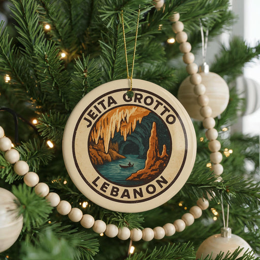 A Christmas tree decorated with ornaments, including a circular ornament with the text "JEITA GROTTO LEBANON" and a landscape illustration.