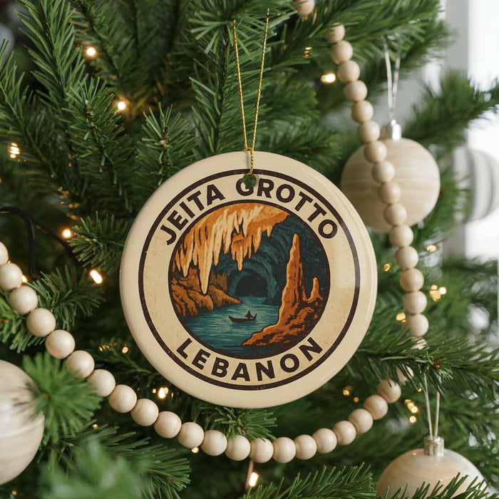 A Christmas tree decorated with ornaments, including a circular ornament with the text "JEITA GROTTO LEBANON" and a landscape illustration.