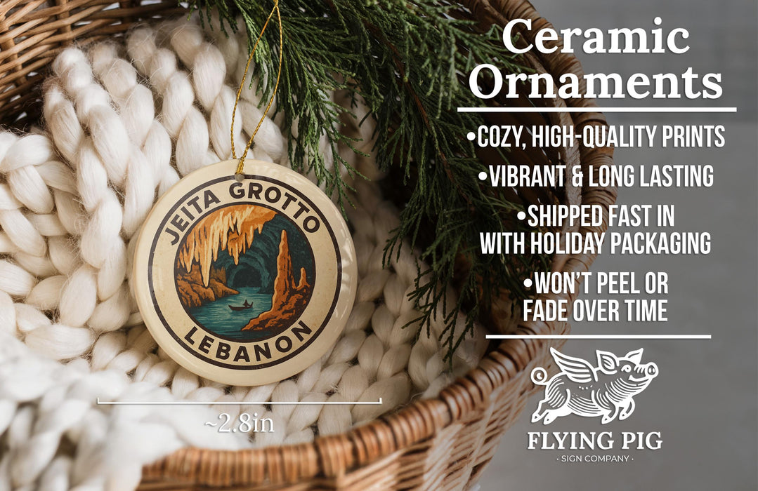 Ceramic ornaments, specifically a Jeta Grotto Lebanon ornament, are displayed in a woven basket.