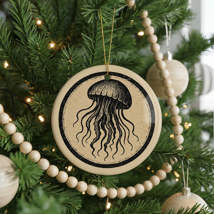 A Christmas tree decorated with a round ornament featuring a black and white illustration of a jellyfish.