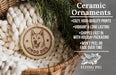 Ceramic ornaments featuring a dog image, with text describing the ornaments as cozy, high-quality prints, vibrant, long-lasting, and shipped fast in holiday packaging.