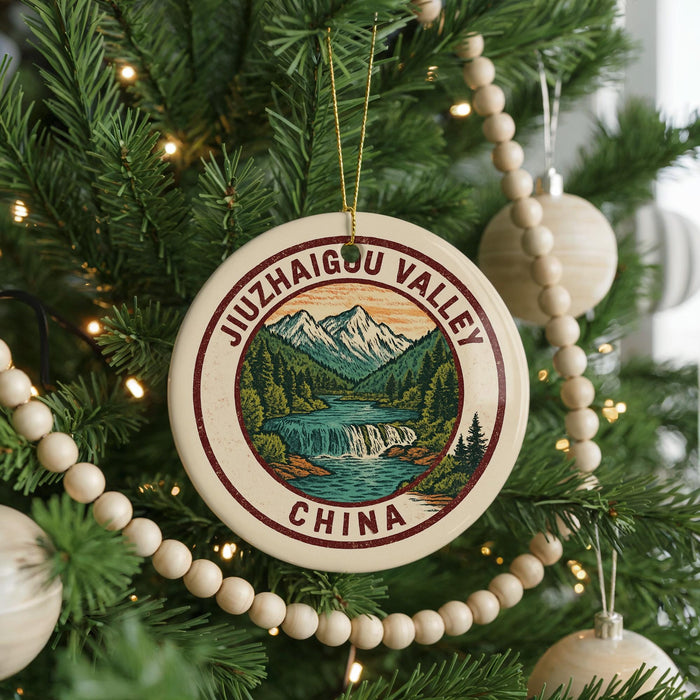 A Christmas tree decorated with ornaments, including a circular ornament with a mountain landscape and a waterfall, surrounded by wooden beads.