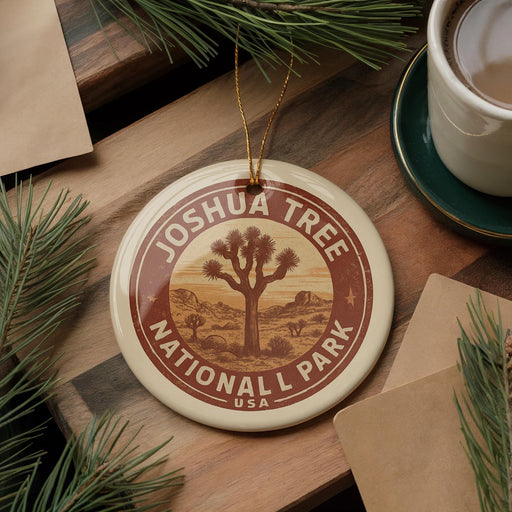 A circular ornament with the text "JOSUA TREE NATIONAL PARK USA" is displayed on a wooden surface, surrounded by pine branches and a cup of coffee.