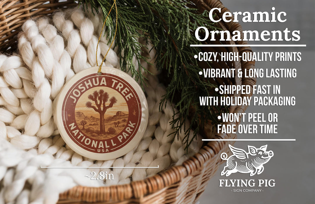 Ceramic ornaments, including a Joshua Tree National Park ornament, are displayed in a woven basket.