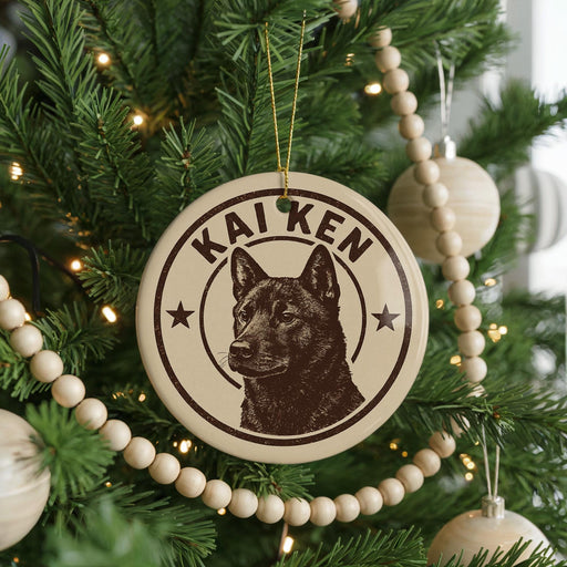 A Christmas tree decorated with ornaments, including a circular ornament with a picture of a dog and the name "Kai Ken" written on it.