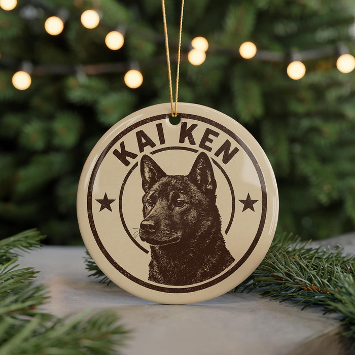 A circular ornament featuring a black dog's head with the name "KAI KEN" written around it, placed on a surface with pine branches in the background.
